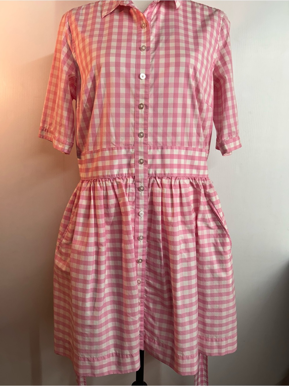 Pink & White Gingham button front belted summer dress 12 - Picture 3 of 13